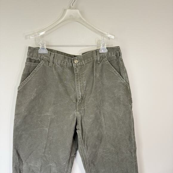 VTG Carhartt Pants Mens 37X33 Moss Green Carpenter Dungaree Canvas Duck B11 MOS - Picture 3 of 7